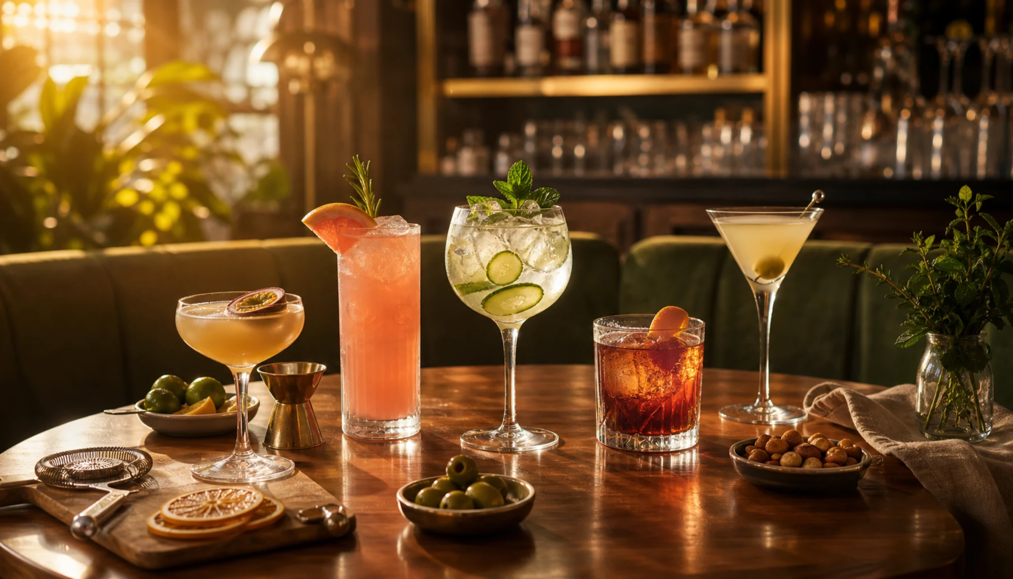 Friends comparing cocktails at a bar table