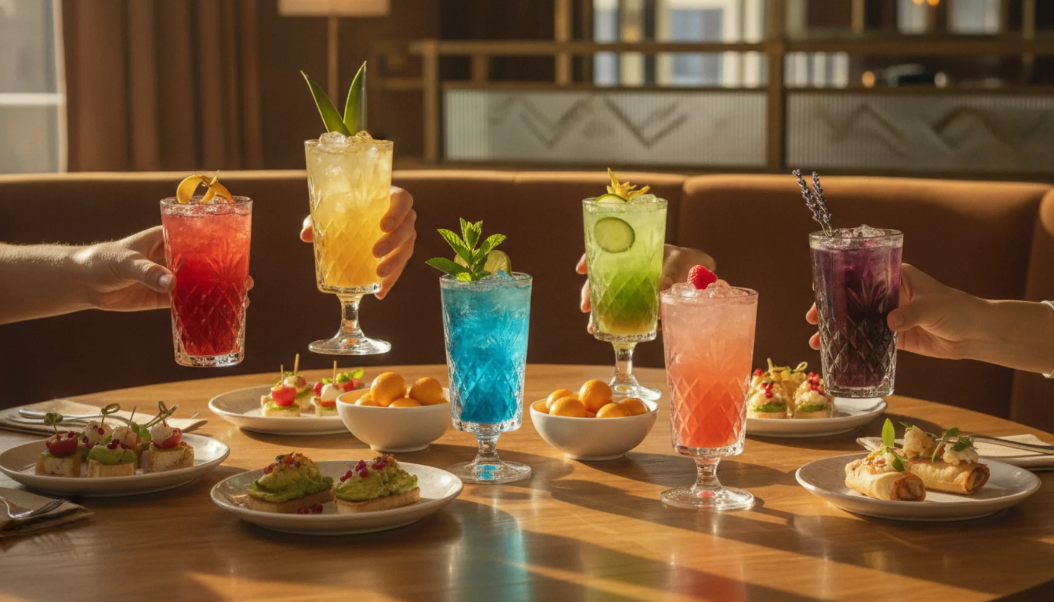 Friends comparing cocktails at a bar table